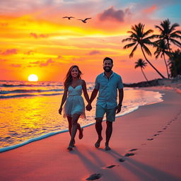 A captivating scene featuring a vibrant sunset over a serene beach, with gentle waves lapping at the shore