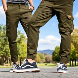 A pair of stylish cargo pants designed for maximum comfort and utility, featuring multiple pockets and a relaxed fit