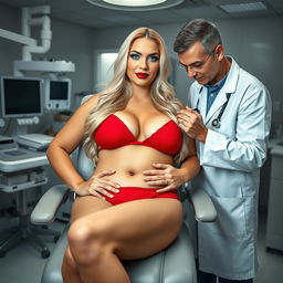 A soft, thick, fat, plump, very beautiful woman with luxurious long blond hair and vibrant blue eyes, enhanced with mint green eye shadow, black eye liner, long mascara-coated eyelashes, and bold red lipstick