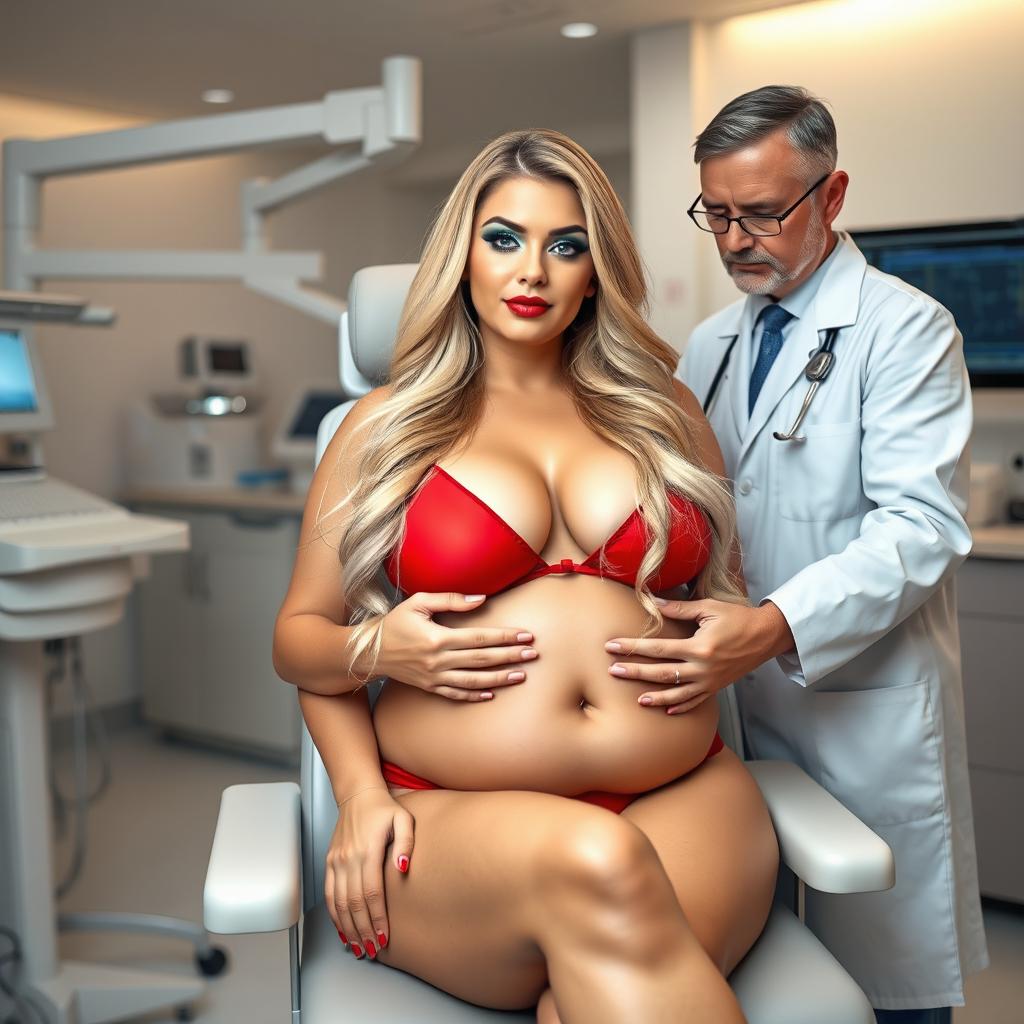 A soft, thick, fat, plump, very beautiful woman with luxurious long blond hair and vibrant blue eyes, enhanced with mint green eye shadow, black eye liner, long mascara-coated eyelashes, and bold red lipstick