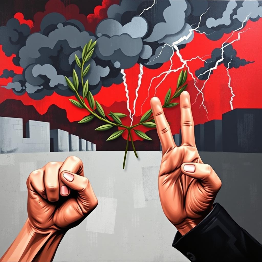 A striking modern art piece symbolizing opposition, featuring a broken olive branch representing peace, intertwined with dark storm clouds and flashes of lightning, signifying conflict