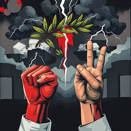 A striking modern art piece symbolizing opposition, featuring a broken olive branch representing peace, intertwined with dark storm clouds and flashes of lightning, signifying conflict