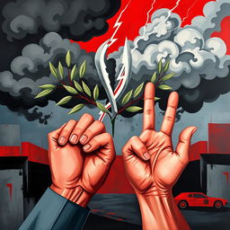 A striking modern art piece symbolizing opposition, featuring a broken olive branch representing peace, intertwined with dark storm clouds and flashes of lightning, signifying conflict