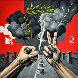 A striking modern art piece symbolizing opposition, featuring a broken olive branch representing peace, intertwined with dark storm clouds and flashes of lightning, signifying conflict