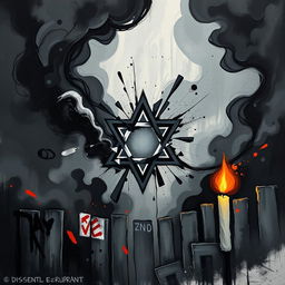 An evocative modern artwork symbolizing dissent, featuring a shattered Star of David at the center, surrounded by swirling black and gray clouds representing turmoil