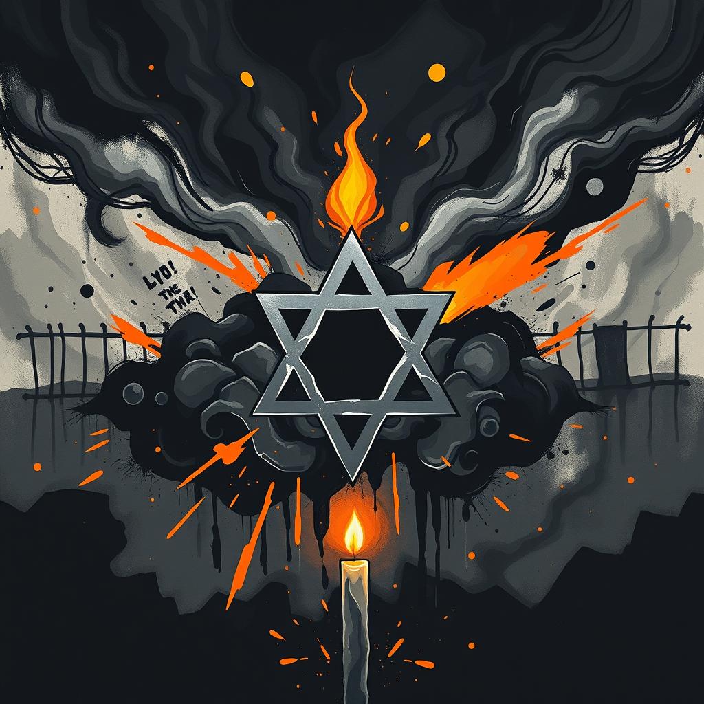 An evocative modern artwork symbolizing dissent, featuring a shattered Star of David at the center, surrounded by swirling black and gray clouds representing turmoil
