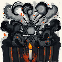 An evocative modern artwork symbolizing dissent, featuring a shattered Star of David at the center, surrounded by swirling black and gray clouds representing turmoil