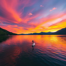 A serene landscape focusing on a vibrant sunset over a tranquil lake, surrounded by lush green mountains