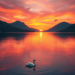 A serene landscape focusing on a vibrant sunset over a tranquil lake, surrounded by lush green mountains