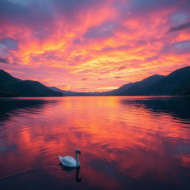 A serene landscape focusing on a vibrant sunset over a tranquil lake, surrounded by lush green mountains