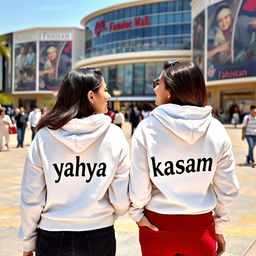 Two young and beautiful Pakistani friends standing outside a famous mall, with a vibrant city backdrop