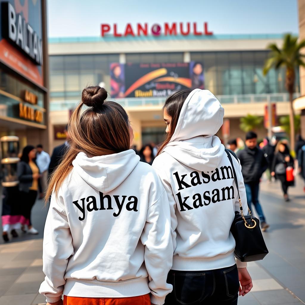Two young and beautiful Pakistani friends standing outside a famous mall, with a vibrant city backdrop