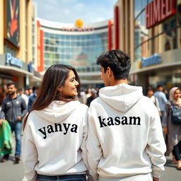 Two young and beautiful Pakistani friends standing outside a famous mall, with a vibrant city backdrop