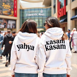 Two young and beautiful Pakistani friends standing outside a famous mall, with a vibrant city backdrop