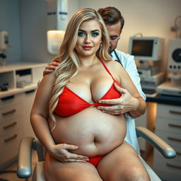 A soft, thick, fat, plump, very beautiful woman with long blonde hair and captivating blue eyes