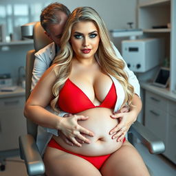 A soft, thick, fat, plump, very beautiful woman with long blonde hair and captivating blue eyes