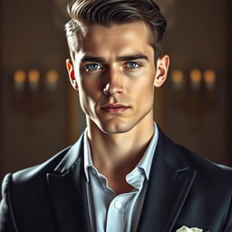 A strikingly handsome man with exceptionally pale skin, featuring sharp facial features and a chiseled jawline