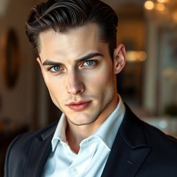 A strikingly handsome man with exceptionally pale skin, featuring sharp facial features and a chiseled jawline