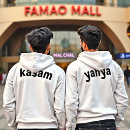 Two young and stylish Pakistani friends standing outside a famous mall, captured from the back