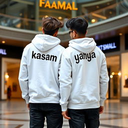 Two young and stylish Pakistani friends standing outside a famous mall, captured from the back