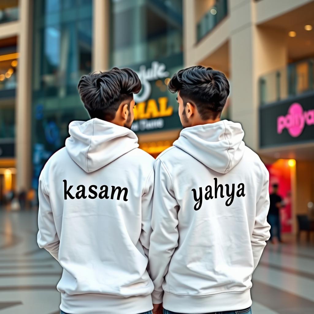 Two young and stylish Pakistani friends standing outside a famous mall, captured from the back