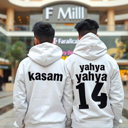 Two young and stylish Pakistani friends standing outside a famous mall, captured from the back