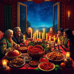 A vibrant and colorful scene celebrating Yalda Night, featuring a beautifully arranged table filled with traditional Persian delights such as pomegranates, watermelon, nuts, dried fruits, and candles