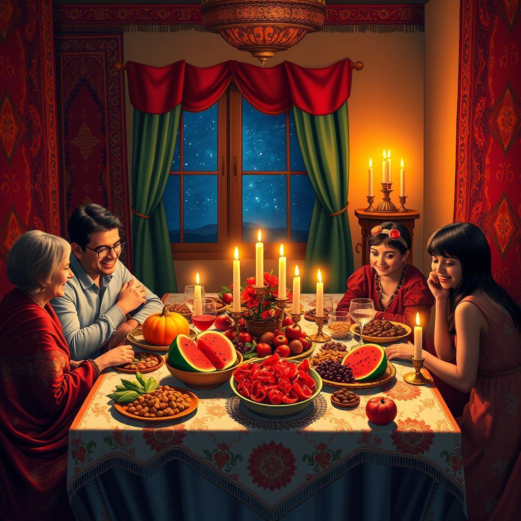 A vibrant and colorful scene celebrating Yalda Night, featuring a beautifully arranged table filled with traditional Persian delights such as pomegranates, watermelon, nuts, dried fruits, and candles