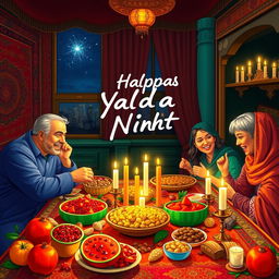 A vibrant and colorful scene celebrating Yalda Night, featuring a beautifully arranged table filled with traditional Persian delights such as pomegranates, watermelon, nuts, dried fruits, and candles