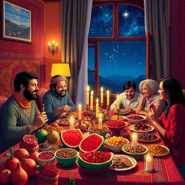 A vibrant and colorful scene celebrating Yalda Night, featuring a beautifully arranged table filled with traditional Persian delights such as pomegranates, watermelon, nuts, dried fruits, and candles