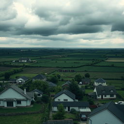 A dramatic landscape showing a wide view of lands being taken over, with various types of properties in the foreground