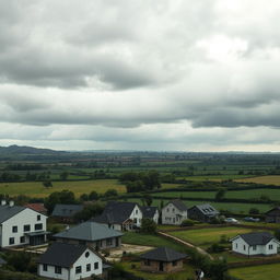 A dramatic landscape showing a wide view of lands being taken over, with various types of properties in the foreground