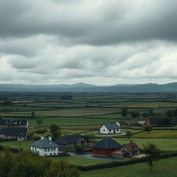 A dramatic landscape showing a wide view of lands being taken over, with various types of properties in the foreground