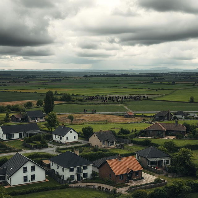 A dramatic landscape showing a wide view of lands being taken over, with various types of properties in the foreground