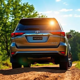 A luxurious Toyota Fortuner SUV parked in a picturesque outdoor setting