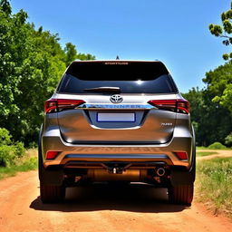 A luxurious Toyota Fortuner SUV parked in a picturesque outdoor setting