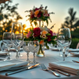 A close-up shot of a beautifully set outdoor dining table, featuring elegant crystal glassware, silver cutlery, and an exquisite floral centerpiece