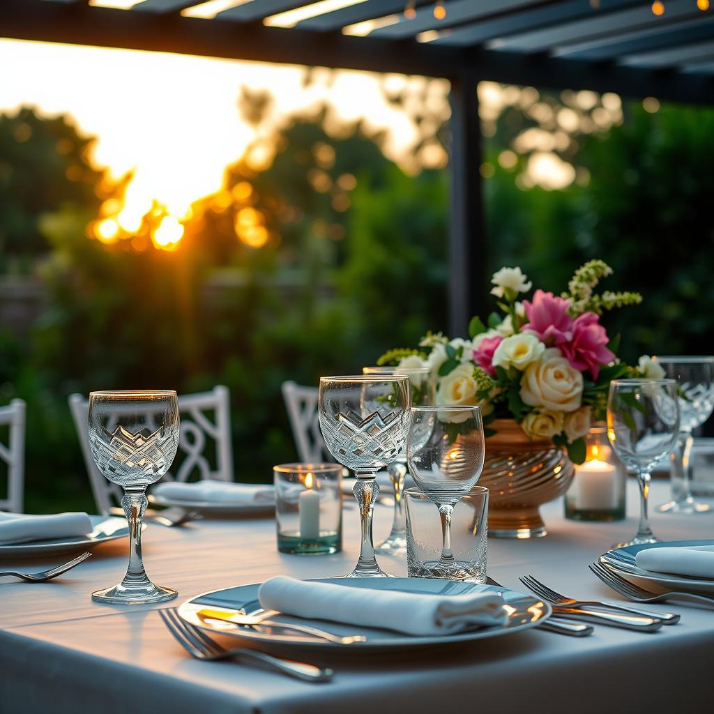 A close-up shot of a beautifully set outdoor dining table, featuring elegant crystal glassware, silver cutlery, and an exquisite floral centerpiece