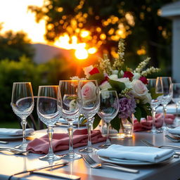 A close-up shot of a beautifully set outdoor dining table, featuring elegant crystal glassware, silver cutlery, and an exquisite floral centerpiece