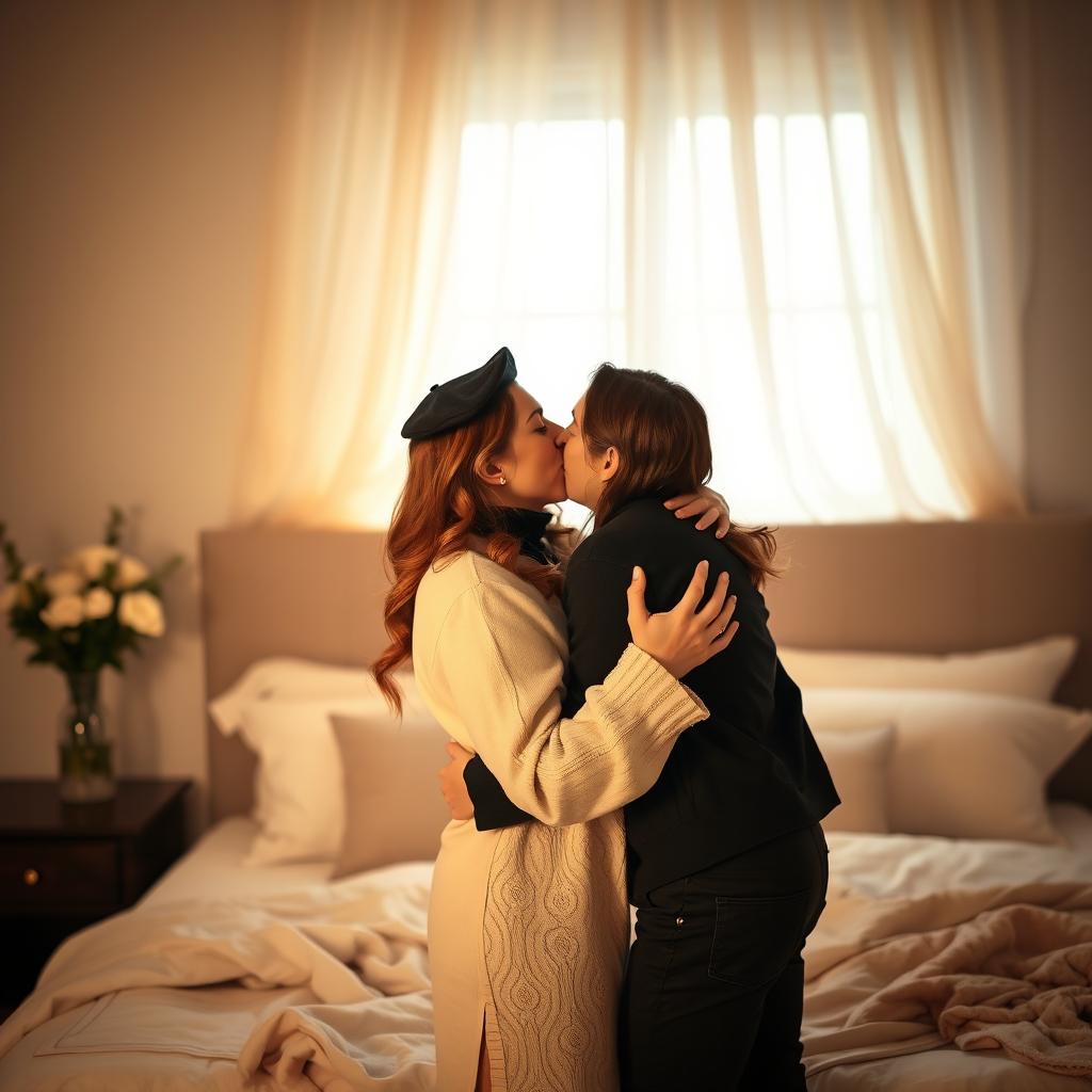 A romantic scene featuring two lovers passionately kissing in an intimate setting