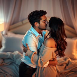 A romantic scene featuring two lovers passionately kissing in an intimate setting