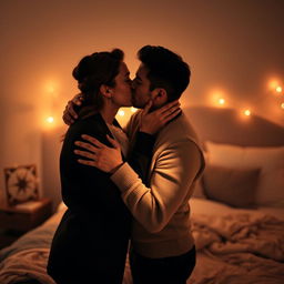 A romantic scene featuring two lovers passionately kissing in an intimate setting