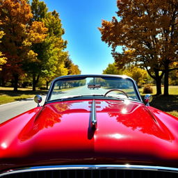 A vintage classic car parked under a clear blue sky on a quiet street, with vibrant autumn trees in the background