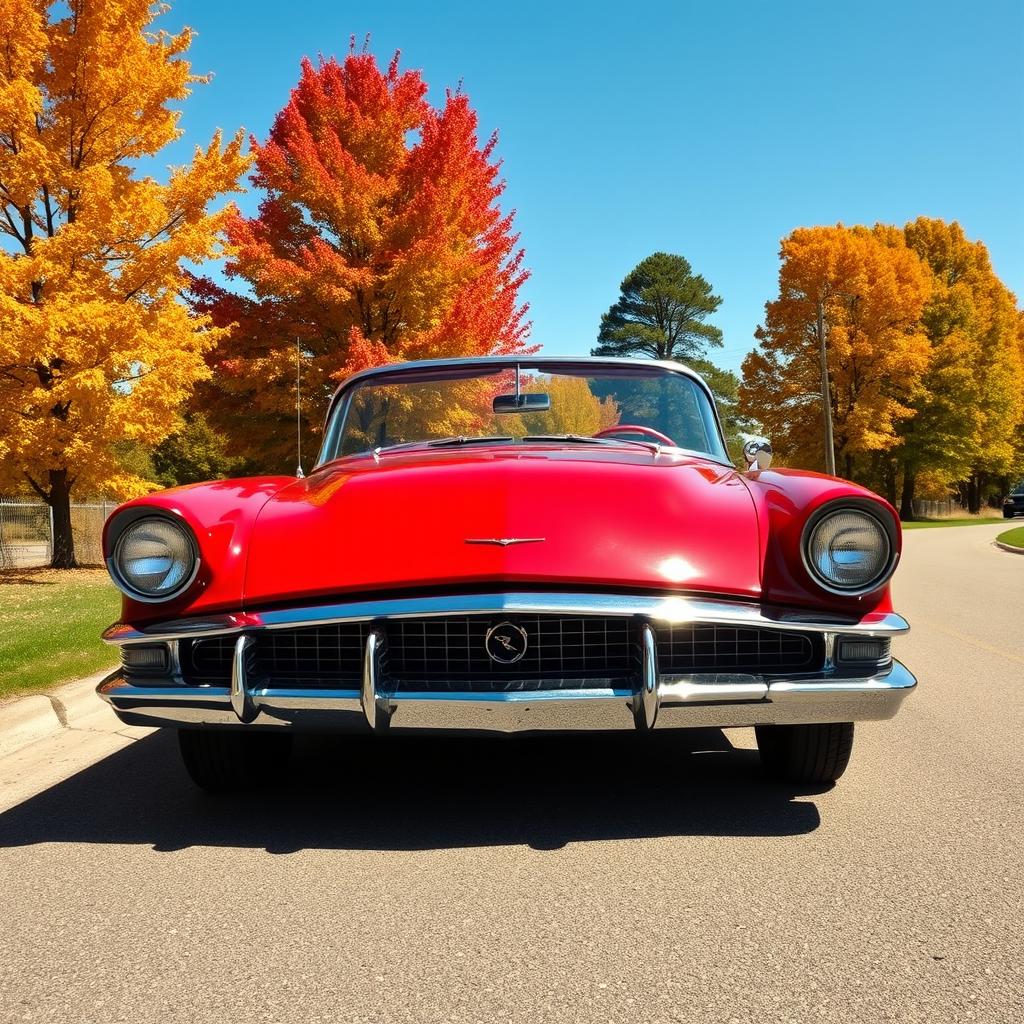 A vintage classic car parked under a clear blue sky on a quiet street, with vibrant autumn trees in the background