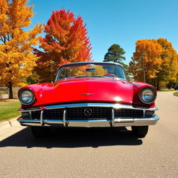 A vintage classic car parked under a clear blue sky on a quiet street, with vibrant autumn trees in the background