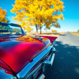 A vintage classic car parked under a clear blue sky on a quiet street, with vibrant autumn trees in the background