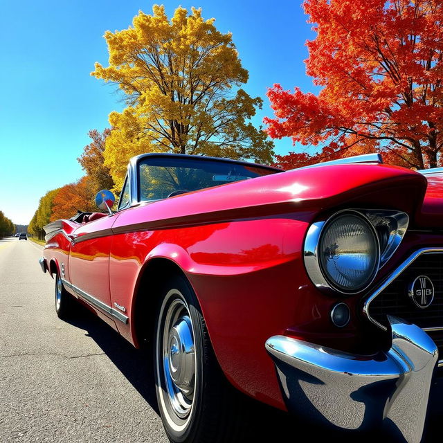 A vintage classic car parked under a clear blue sky on a quiet street, with vibrant autumn trees in the background