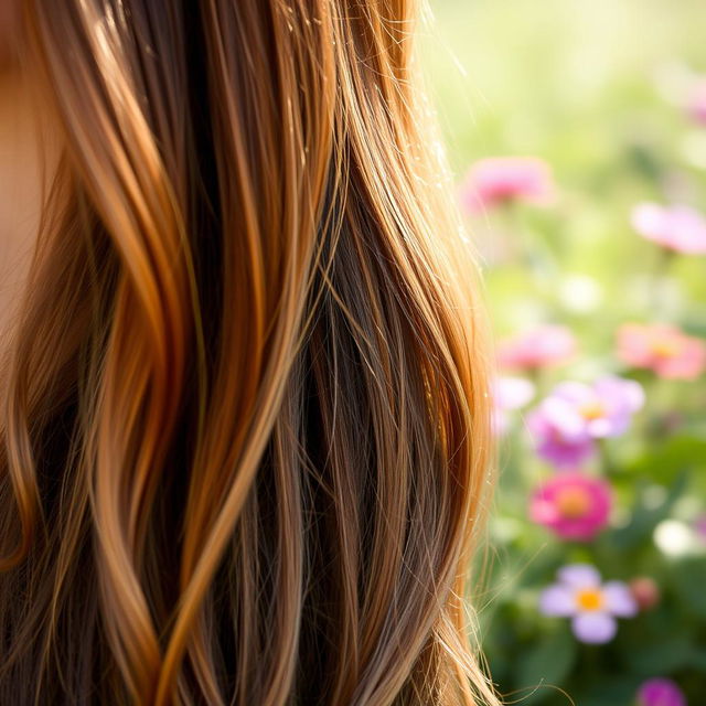 A close-up image of a woman's long, flowing hair, cascading down her shoulders