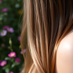 A close-up image of a woman's long, flowing hair, cascading down her shoulders