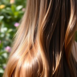 A close-up image of a woman's long, flowing hair, cascading down her shoulders